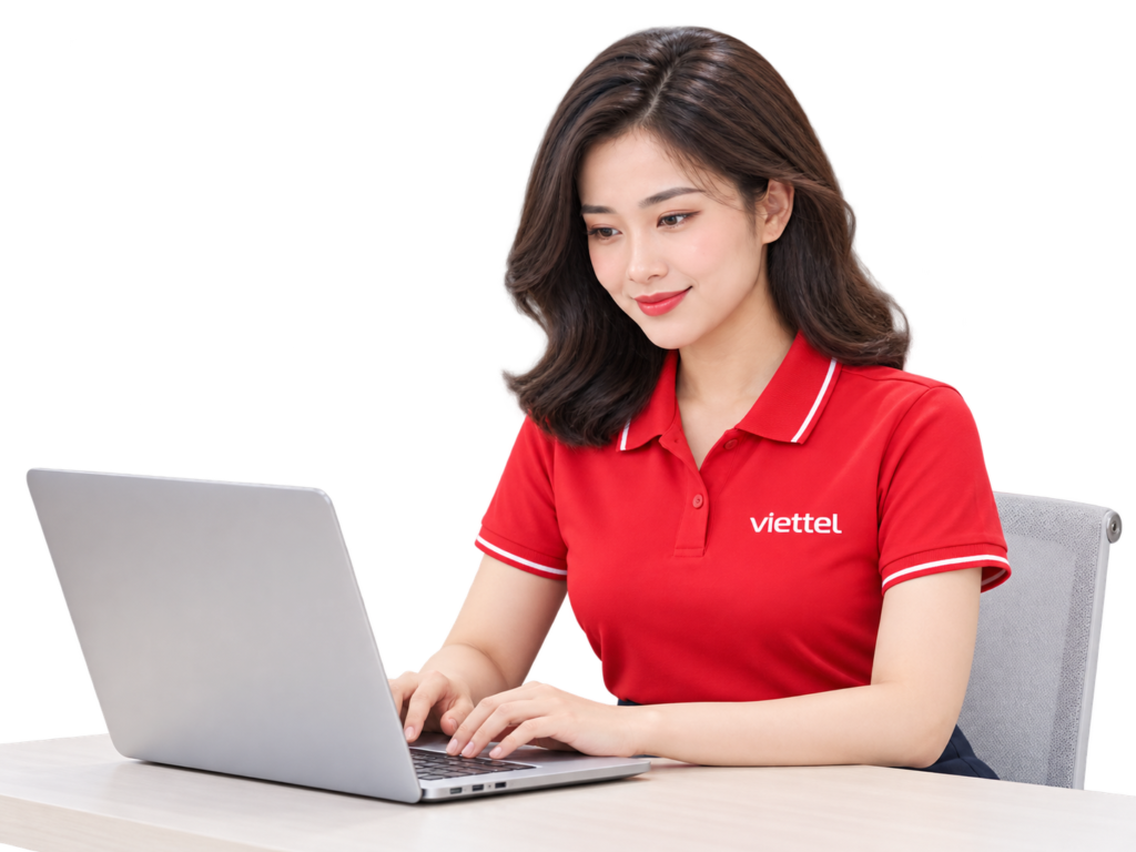 Nhân vật tư vấn Viettel ngồi làm việc với laptop